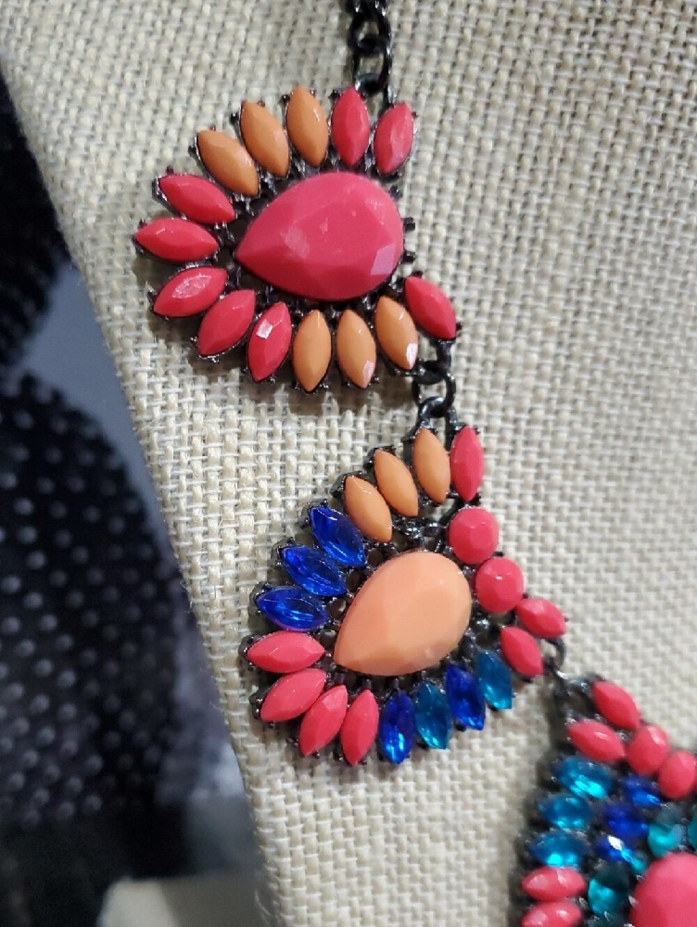 Statement Multicolor Gem Bib Necklace - Coral, Peach & Blue Chunky Maximalist - Picture 2 of 7
